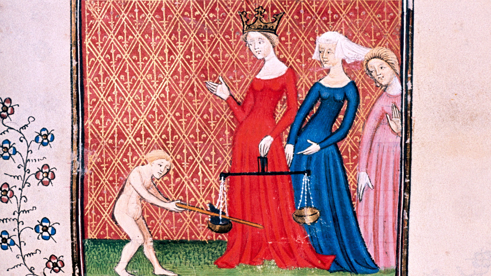 „Allegorische Darstellung der Gerechtigkeit“, Buchmalerei Frankreich, 1355.