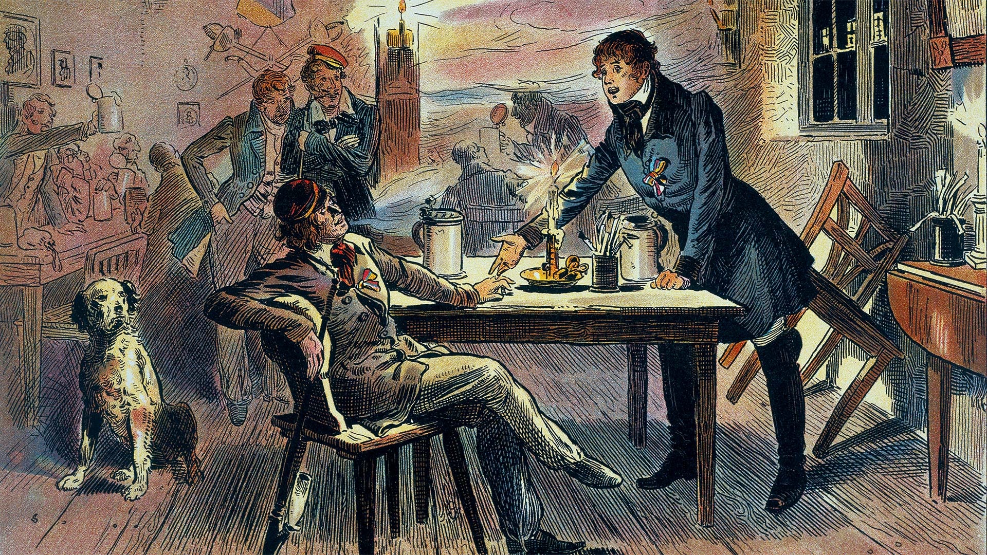 „Eine Wette auf Deutschlands Einheit“ – Göttingen 1833: Bismarck wettet mit dem amerikanischen Kommilitonen Coffin, dass Deutschland in zwanzig Jahren geeint sein werde. Nach einer Zeichnung v. Carl Röhling, 1897.