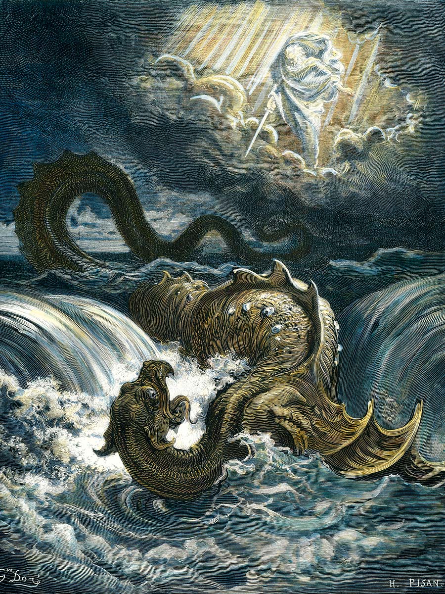 Selbst das Urzeitmonster Leviathan hat eine Haut: Gustave Doré, „Untergang des Leviathan“, 1865.