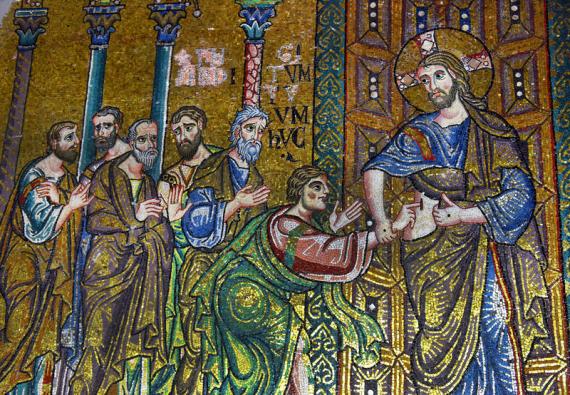 Ein Mosaik in der Geburtskirche in Bethlehem zeigt die Jünger mit dem "ungläubigen" Thomas nach der Auferstehung Jesu.