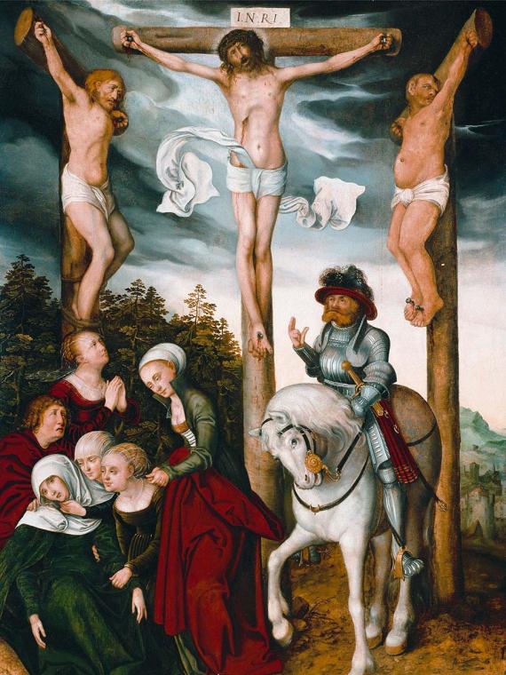 Lucas Cranach der Ältere (1472 – 1553): Kreuzigung Christi mit dem guten Hauptmann unterm Kreuz.
