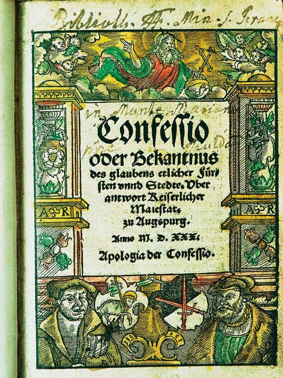 Titelseite der „Confessio Augustana“ von 1530 in einem Bibeldruck des 16. Jahrhunderts.