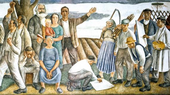 So sah der Künstler Arno Mohr (1910 – 2001) in der DDR die Bodenreform in seinem Bild „Wendepunkt Deutschlands“, 1956.