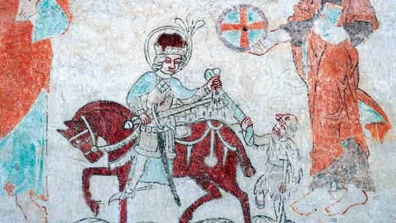 Symbol christlicher Nächstenliebe: St. Martin und der Bettler. Mittelalterliche Wandmalerei in der Kirche von Hejdeby auf Gotland, Schweden.