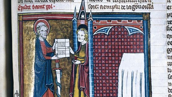 Brief des Paulus an die Kolosser – aus der „Historia Scholastica“ des Petrus Comestor, Pergament, Frankreich, 14. Jahrhundert.