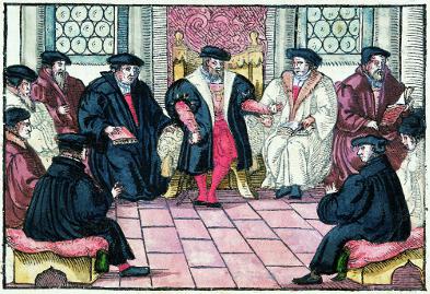 Darstellung des &quot;Marburger Gesprächs&quot; zwischen Zwingli und Luther. Foto: epd