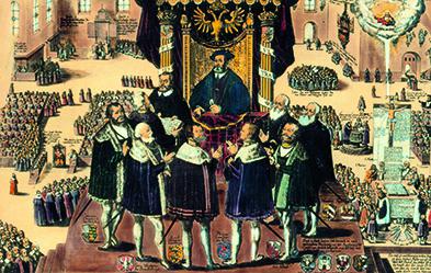 Überreichung der Augsburgischen Konfession an Kaiser Karl V. im Jahr 1530 (Kupferstich, 1630). Foto: akg-images