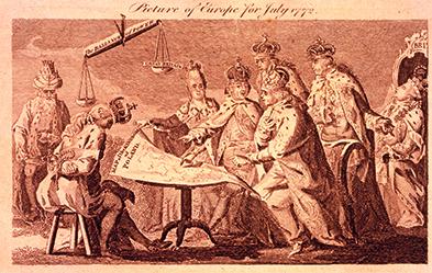 Eine britische Karikatur von 1772 zeigt, wie Russland, Preußen und das Habsburger Reich Polen, symbolisiert durch den gefesselten polnischen König, erstmals teilweise annektieren und unter sich aufteilen. Foto: dpa/ Liszt Collection