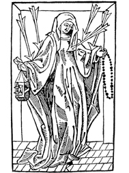 Dorothea von Montau, von Pfeilen beschossen, Abb. von 1492.