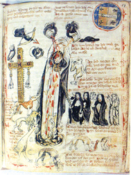 Heinrich Seuse, attackiert von Geistern, Teufeln, Menschen und Tieren, National- und Universitätsbibliothek Straßburg, 14. Jahrhundert.